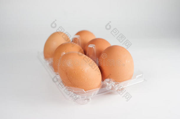 白色背景下塑料托盘中的鸡蛋