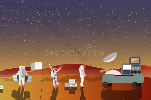 宇航员在火星概念矢量插图。 降落到红色星球。 太空科学家和漫游者。