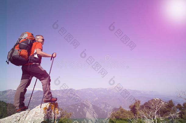 一个旅行者站在一座山的顶部，眺望大海。