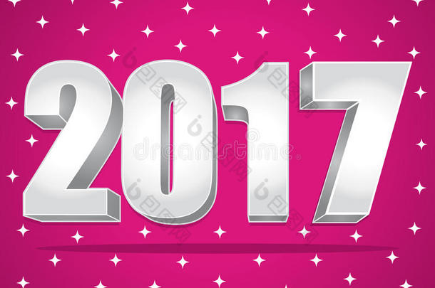 2017年新年3D银在粉红色星空背景。 插图。