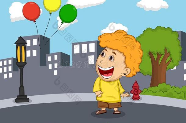 一个男孩看到气球漂浮在空中卡通里
