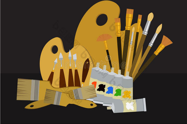 艺术用品和工具矢量包。 油画工具套装。 绘画材料。
