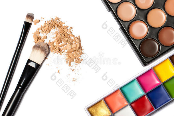 化妆品和化妆品。 专业化妆顶部视图的工具