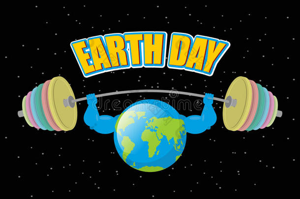 地球日。 强壮的星球和运动杠铃。 强大的地球做运动。 地球是抽水的。 黑色的户外空间