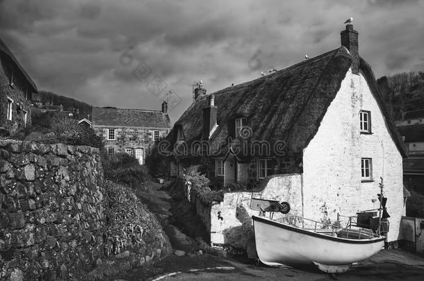 传统英国老渔村的黑白景观形象