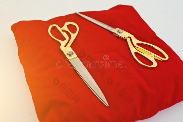金色剪刀在一个红色的丝绸垫子上盛大开放