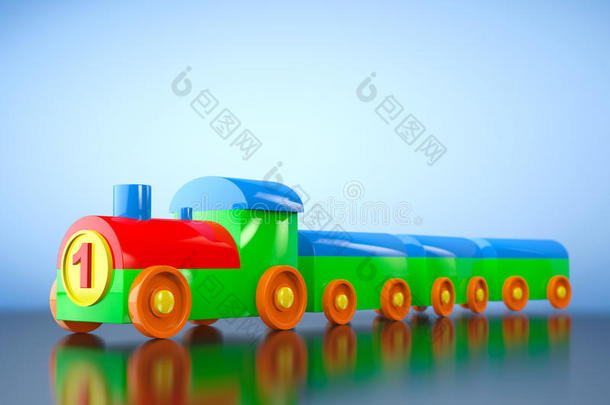 儿童玩具彩色塑料火车。三维渲染