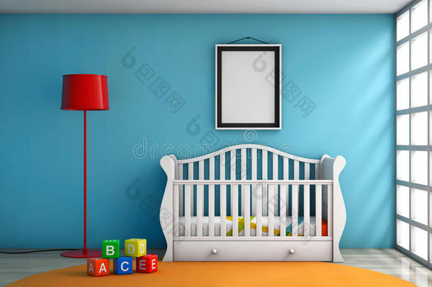 儿童房有床、灯和空白相框