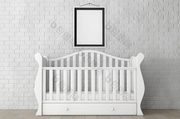 婴儿床，空白相框。 三维渲染