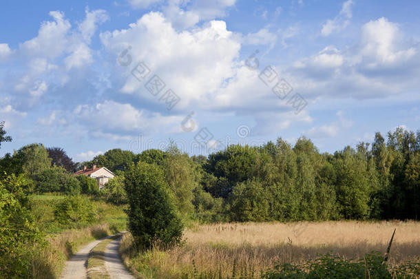 乡村道路的美丽景色与乡村的小屋