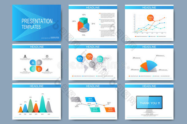 用于多用途演示<strong>幻灯片</strong>的蓝色矢量<strong>模板</strong>集。 现代商业平面设计与图表