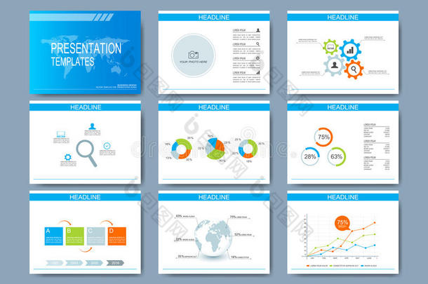 用于多用途演示幻灯片的蓝色矢量模板集。 现代商业平面设计与图表