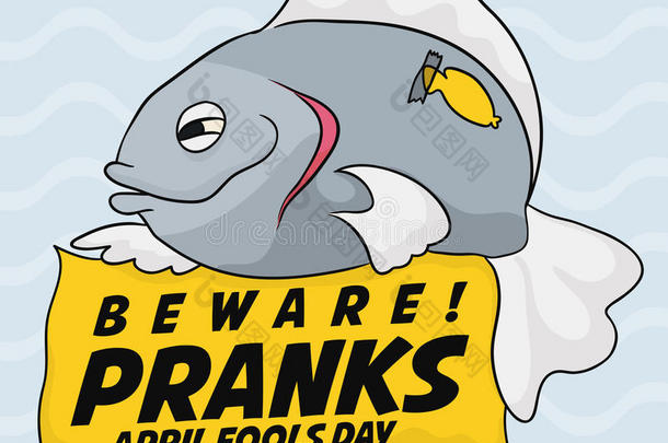 四月傻瓜海报与巨型臭鱼恶作剧，矢量插图