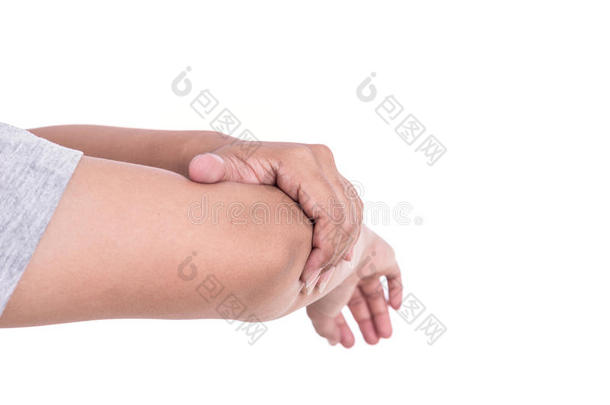 紧紧握住女人的手，把她的<strong>胳膊</strong>肘隔离在白色上。 肘部