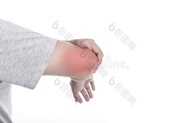 紧紧握住女人的手，把她的胳膊肘隔离在白色上。 肘部