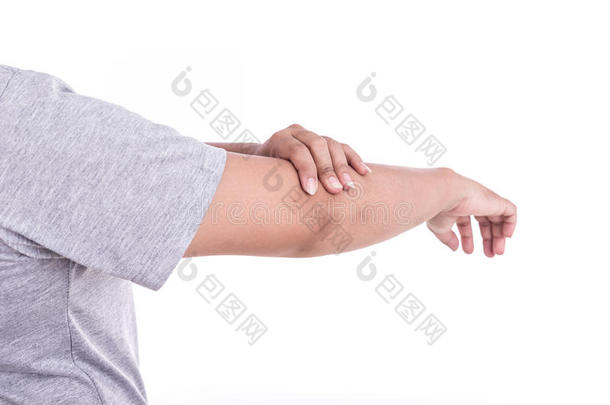 紧紧握住女人的手，把她的<strong>胳膊</strong>肘隔离在白色上。 肘部