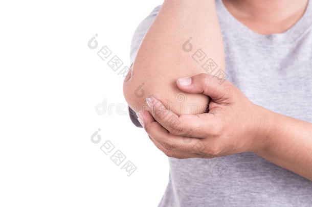 紧紧握住女人的手，把她的胳膊肘隔离在白色上。 肘部