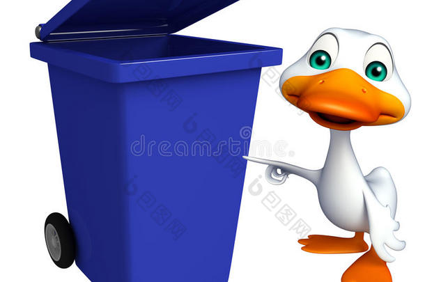 鸭子卡通人物与垃圾箱