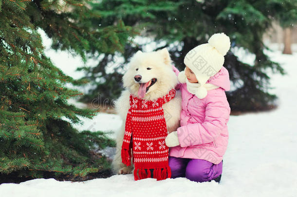 冬天，孩子和白<strong>萨摩</strong>耶狗在圣诞树附近戴着红领巾