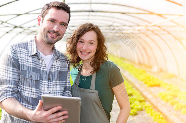 农民们在平板电脑上观看统计数据