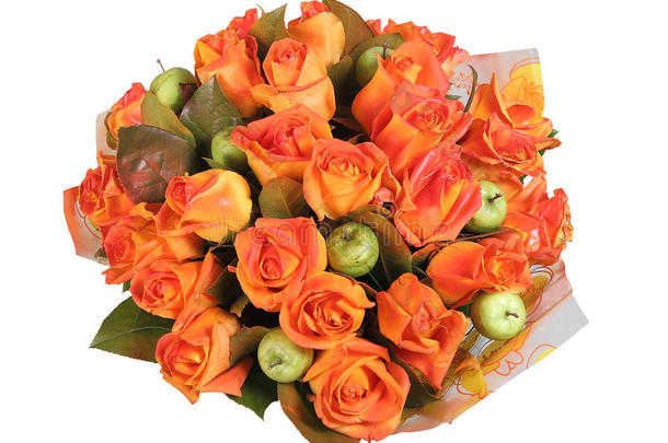 插花，花束与橙色玫瑰和绿色AP