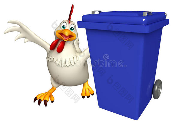 有趣的母鸡卡通人物与垃圾箱