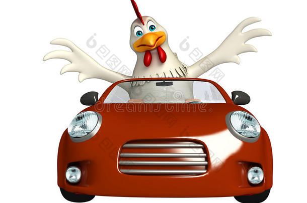 有趣的母鸡卡通人物与汽车