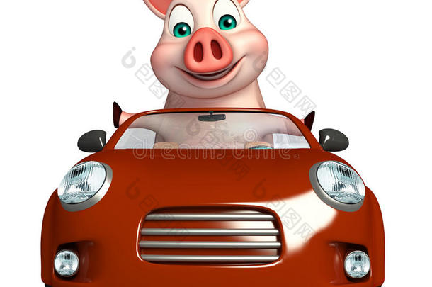 可爱的猪卡通人物与汽车