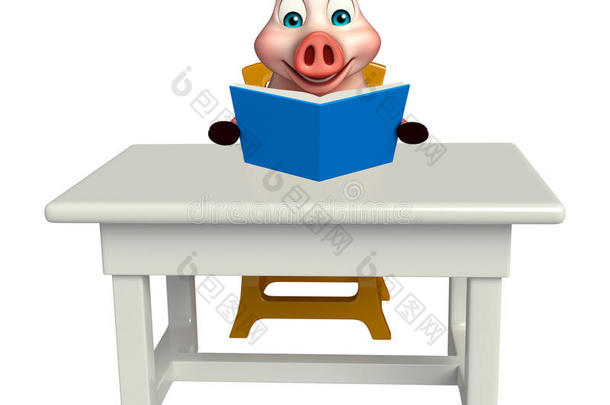 有趣的<strong>猪</strong>卡通人物与书籍；桌子和椅子