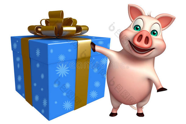 可爱的<strong>猪</strong>卡通人物与礼品盒