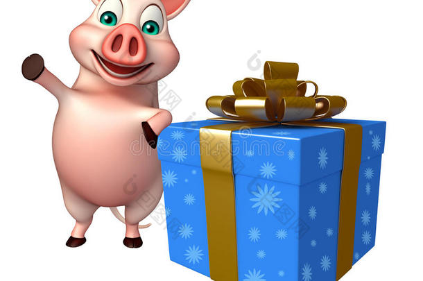 可爱的猪卡通人物与礼品盒