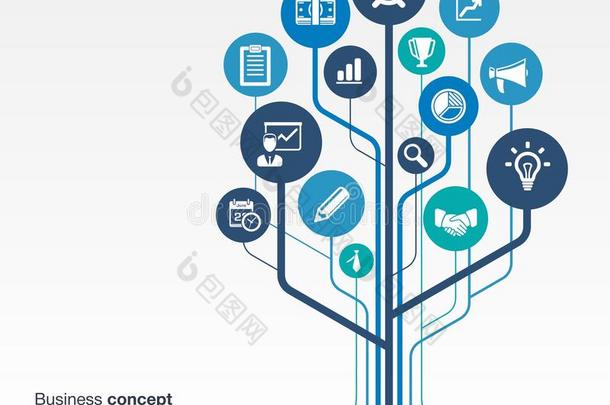 抽象背景与线条，圆圈，平面图标。 成长树概念的商业，沟通，营销研究