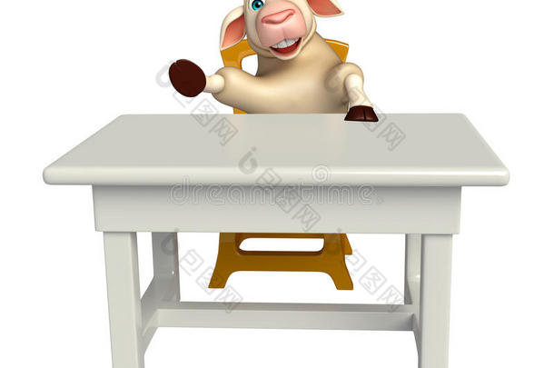 可爱的绵羊<strong>卡通</strong>人物与<strong>桌子</strong>和椅子