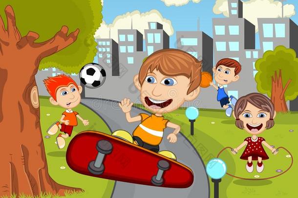 可爱快乐的卡通孩子在公园<strong>玩滑板</strong>，足球，跳绳，跑步，篮球卡通