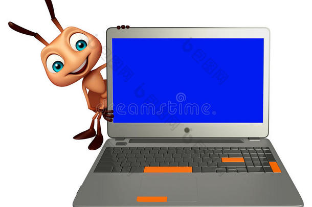 有趣的蚂蚁卡通人物与笔记本电脑