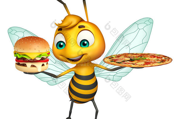 可爱的蜜蜂卡通人物汉堡和比萨饼