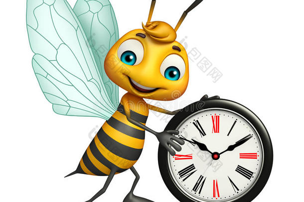 有趣的蜜蜂卡通人物与时钟