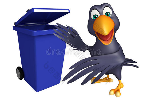 可爱的乌鸦卡通人物与垃圾箱