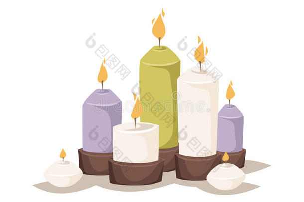 卡通蜡烛与烛台和火蜡火焰明亮装饰平面矢量蜡烛。