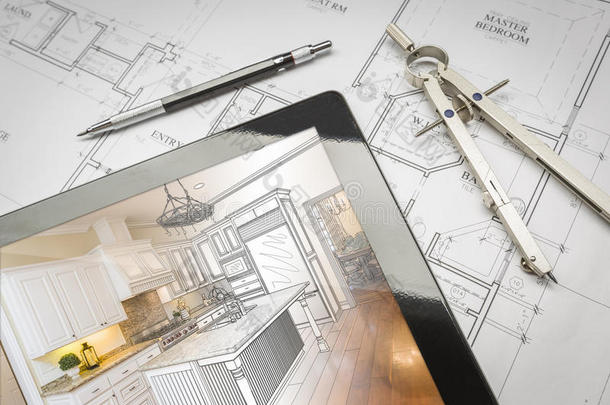 电脑平板电脑显示厨房插图的房子计划，钢笔