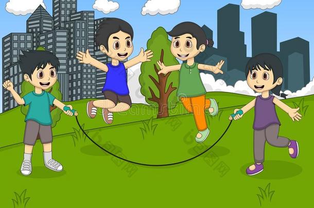 孩子们在公园的卡通里玩跳绳
