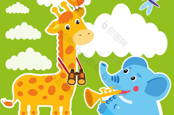 长颈鹿和大象卡通矢量。 婴儿框架或卡片。 长颈鹿绘画。