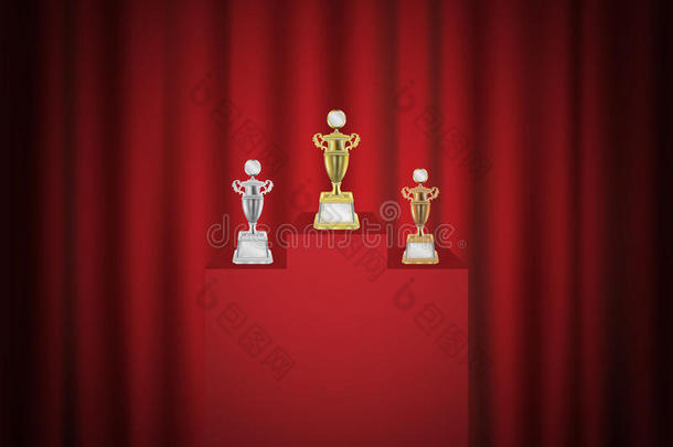金银青铜奖杯在一个舞台上，红色的幕布背面