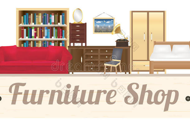 家具店木板与沙发书柜、办公椅、衣柜和床