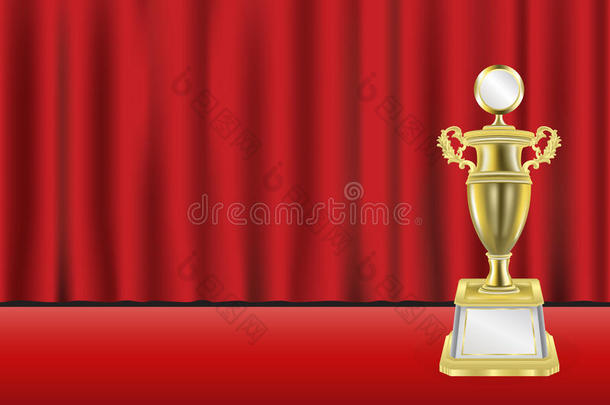 金色奖杯，红色窗帘背景