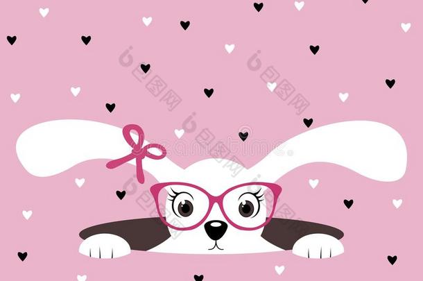 可爱的兔子女孩戴着粉红色的心形背景的眼镜