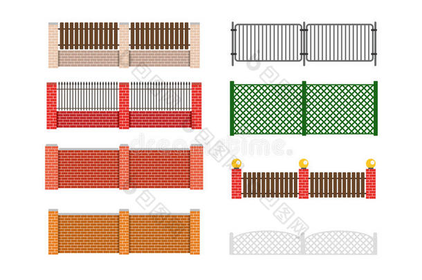 栅栏矢量插图。 砖栅栏和木栅栏。 篱笆周围的房屋矢量设计。 安全围栏。 砖墙栅栏。 铁