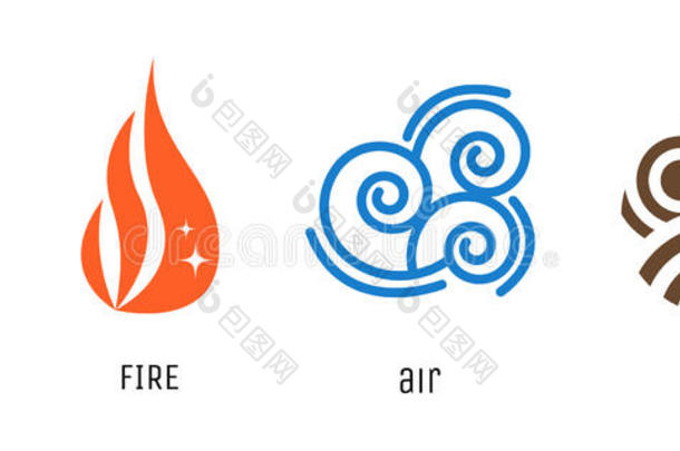 四要素平面风格符号。 水，火，空气，土的迹象。 矢量图标。