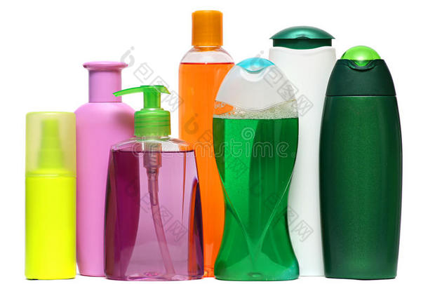 封闭化妆品或卫生塑料瓶凝胶，液体肥皂，乳液，奶油，洗发水。 在白色背景上隔离。