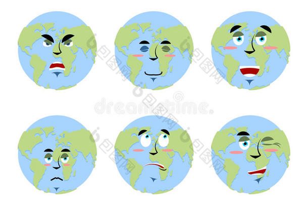 地球情绪设定。 有卡通脸的星球。 开朗而愤怒
